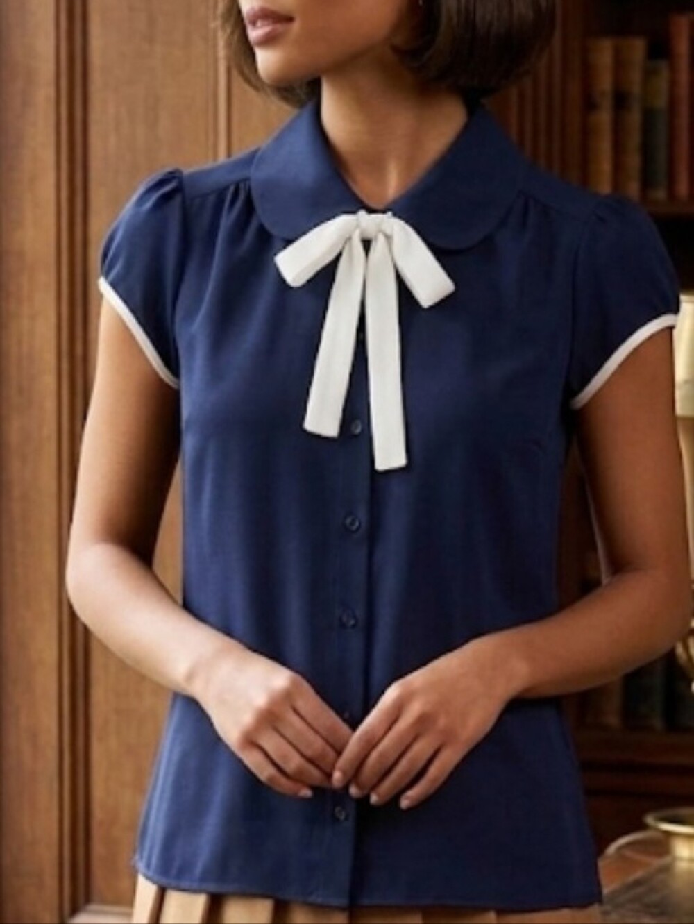Navy Bow-Tie Collar Blouse - Women's Top